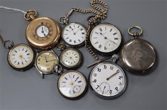 Six silver or white metal fob/pocket watches, a gold plated half hunter and 2 others